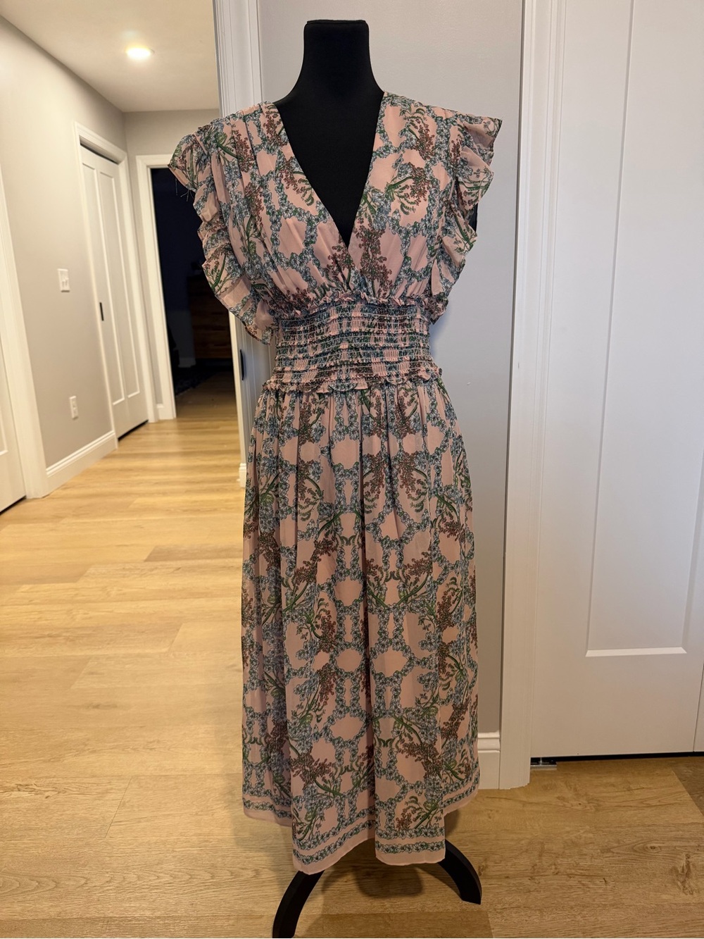 Max Studio Floral Pink Smocked Waist Midi Dress